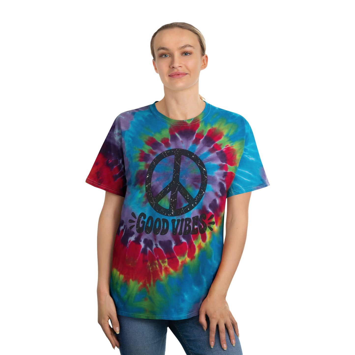 Good Vibes Tie-Dye Tee — Pastel Spiral Peace Sign T-Shirt