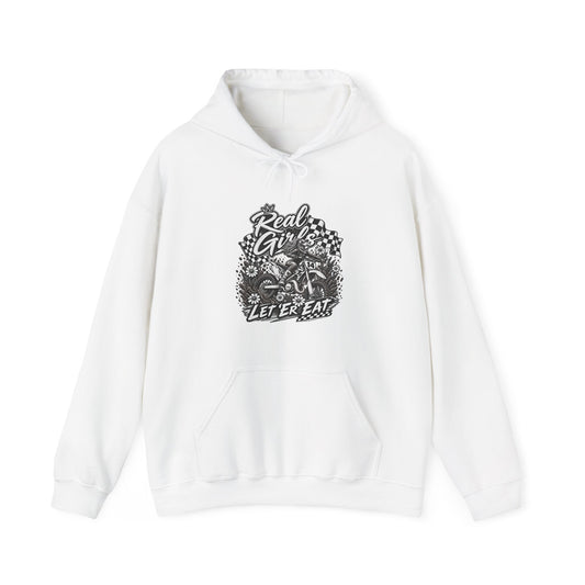 Women’s Motocross Hoodie – “Real Girls Let ‘Er Eat / A Little Dirt Never Hurt” Dirt Bike Pullover