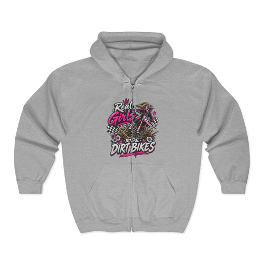 Dirt Bike Hoodie – "Real Girls Ride Dirt Bikes" Full-Zip Zip-Up Sweatshirt