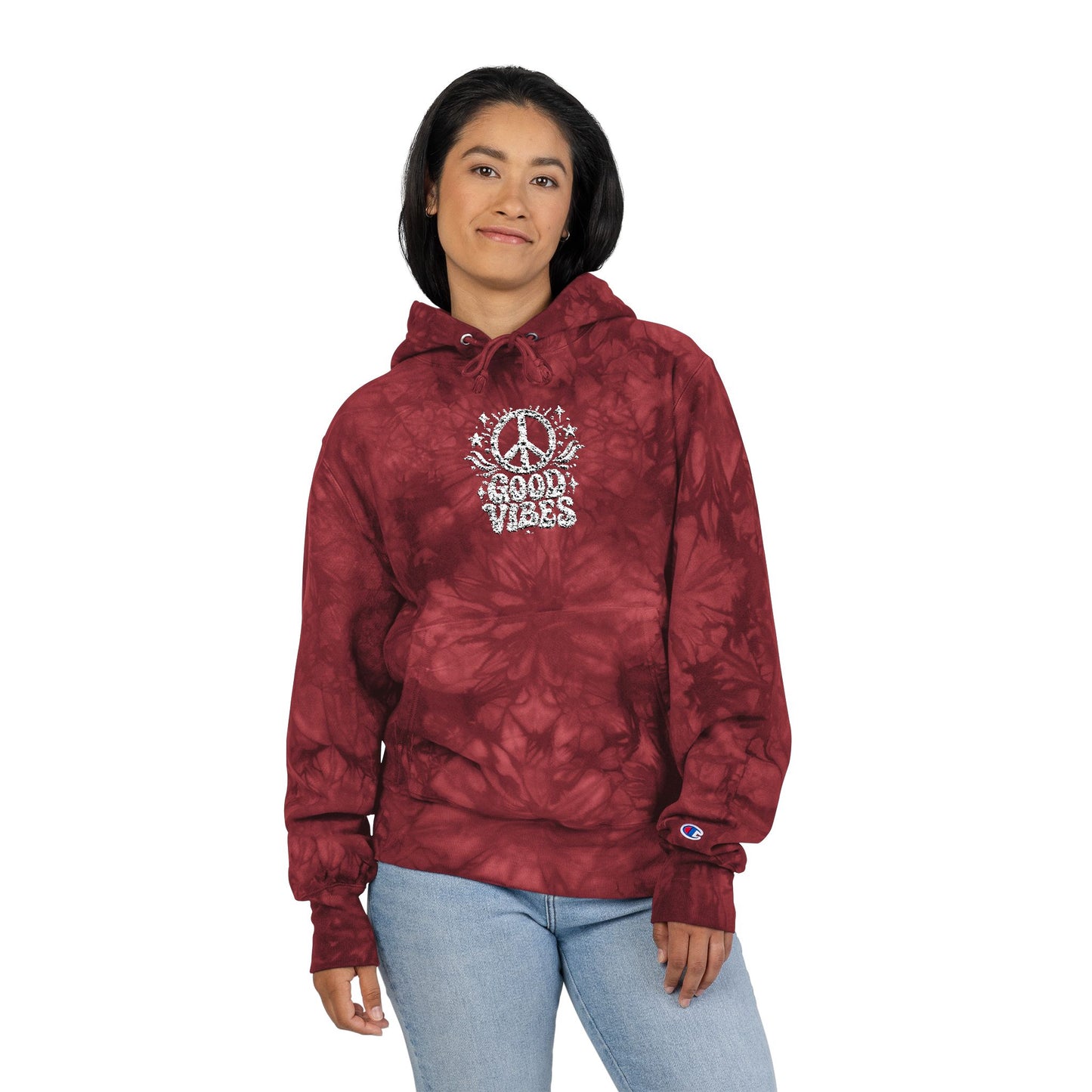Tie-Dye Hoodie — Embroidered "Good Vibes" Peace Sign