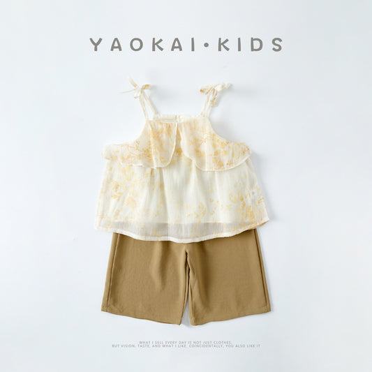 Girls' Toddler Strap Top Set Style Flip Collar Shirt Shorts Two-Piece Outfit Trendy
