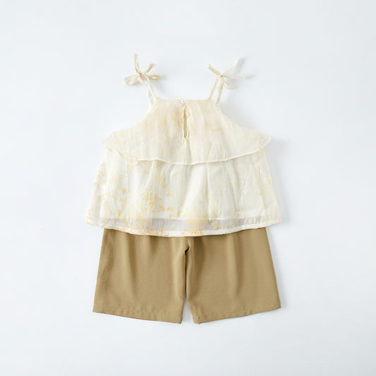 Girls' Toddler Strap Top Set Style Flip Collar Shirt Shorts Two-Piece Outfit Trendy