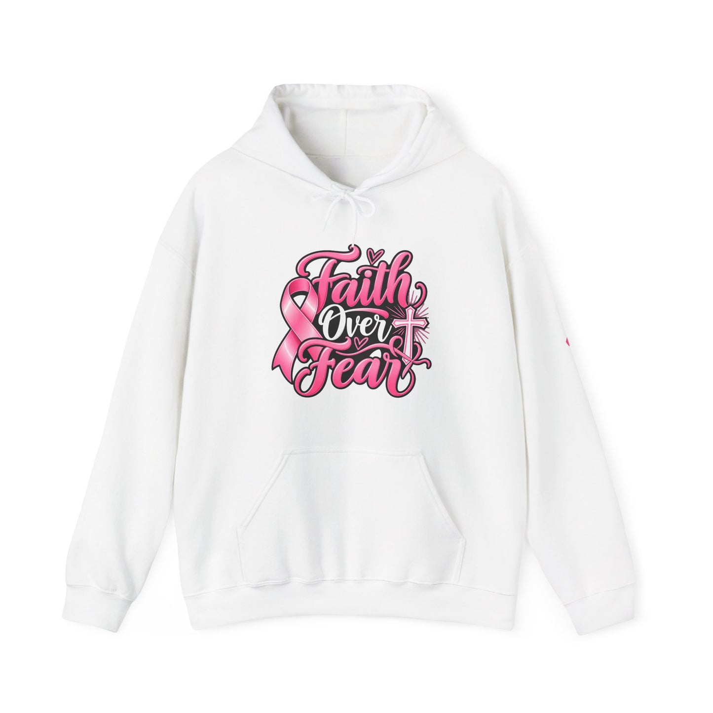 Faith Over Fear Hoodie — Pink Ribbon Breast Cancer Awareness Philippians 4:13 Hooded Sweatshirt
