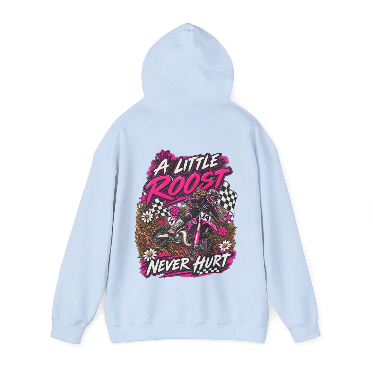 Racer Girl Motorcycle Hoodie — "Real Girls Let 'Er Eat" / "A Little Roost Never Hurt"