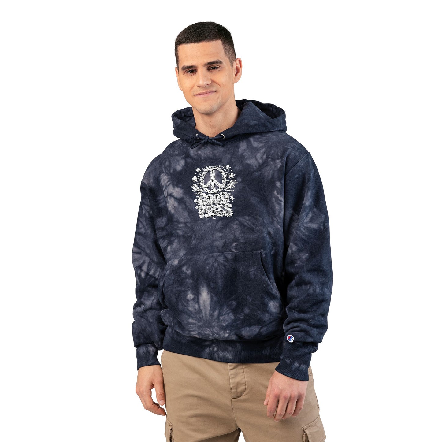 Tie-Dye Hoodie — Embroidered "Good Vibes" Peace Sign