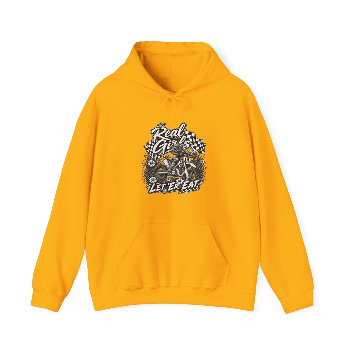 Women’s Motocross Hoodie – “Real Girls Let ‘Er Eat / A Little Dirt Never Hurt” Dirt Bike Pullover