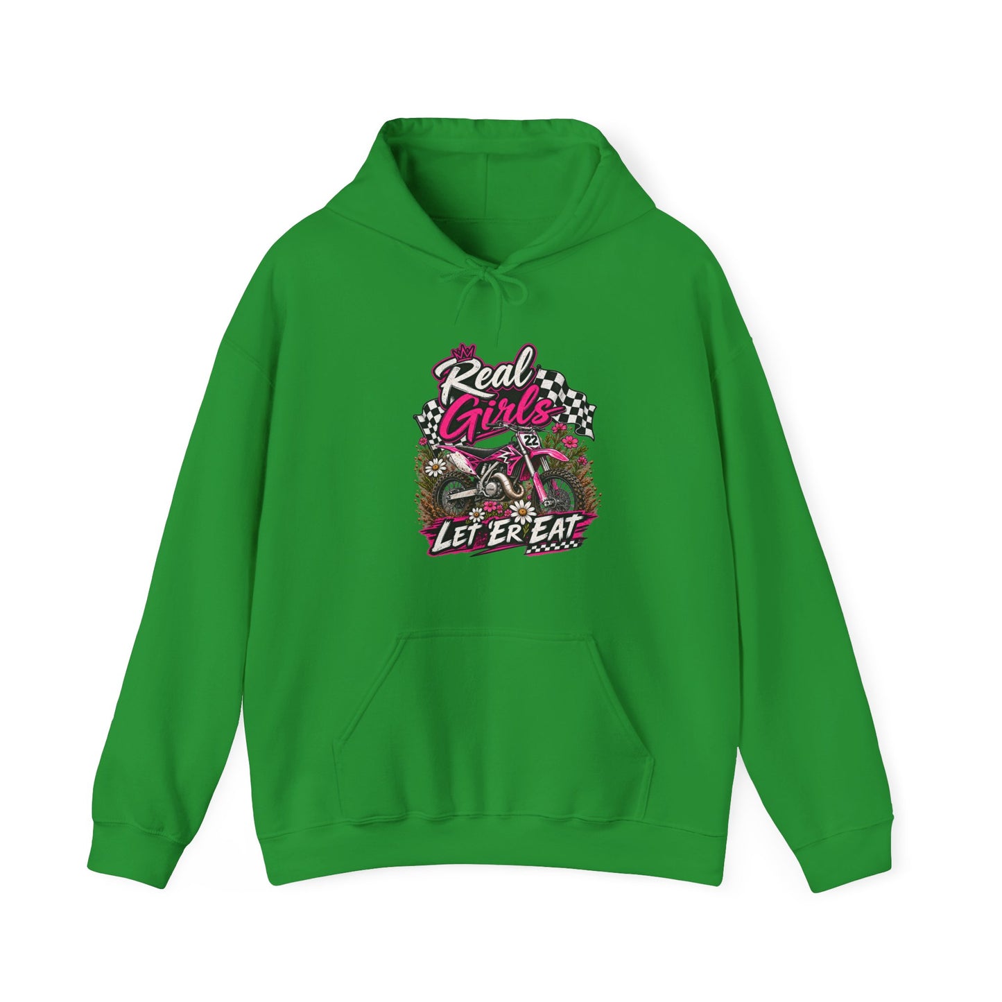 Racer Girl Motorcycle Hoodie — "Real Girls Let 'Er Eat" / "A Little Roost Never Hurt"