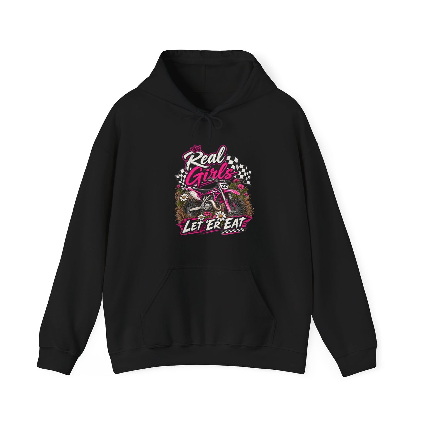 Racer Girl Motorcycle Hoodie — "Real Girls Let 'Er Eat" / "A Little Roost Never Hurt"