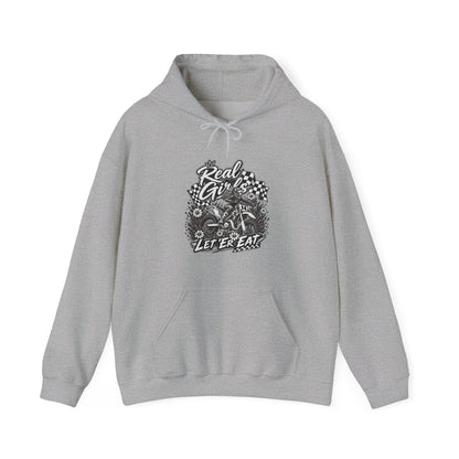 Women’s Motocross Hoodie – “Real Girls Let ‘Er Eat / A Little Dirt Never Hurt” Dirt Bike Pullover