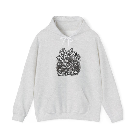 Women’s Motocross Hoodie – “Real Girls Let ‘Er Eat / A Little Dirt Never Hurt” Dirt Bike Pullover