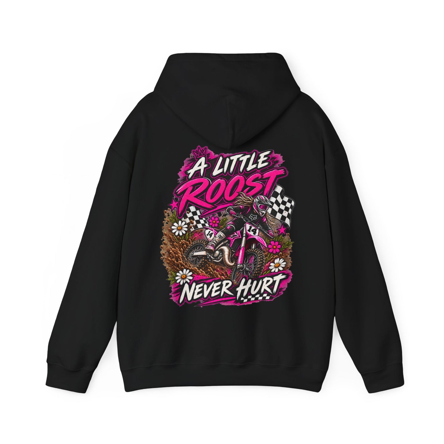 Racer Girl Motorcycle Hoodie — "Real Girls Let 'Er Eat" / "A Little Roost Never Hurt"