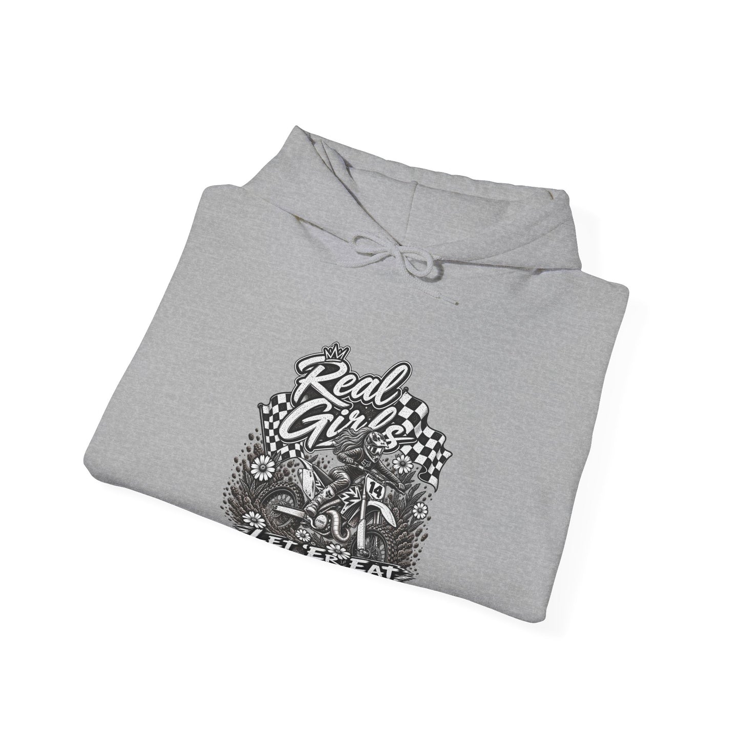 Women’s Motocross Hoodie – “Real Girls Let ‘Er Eat / A Little Dirt Never Hurt” Dirt Bike Pullover