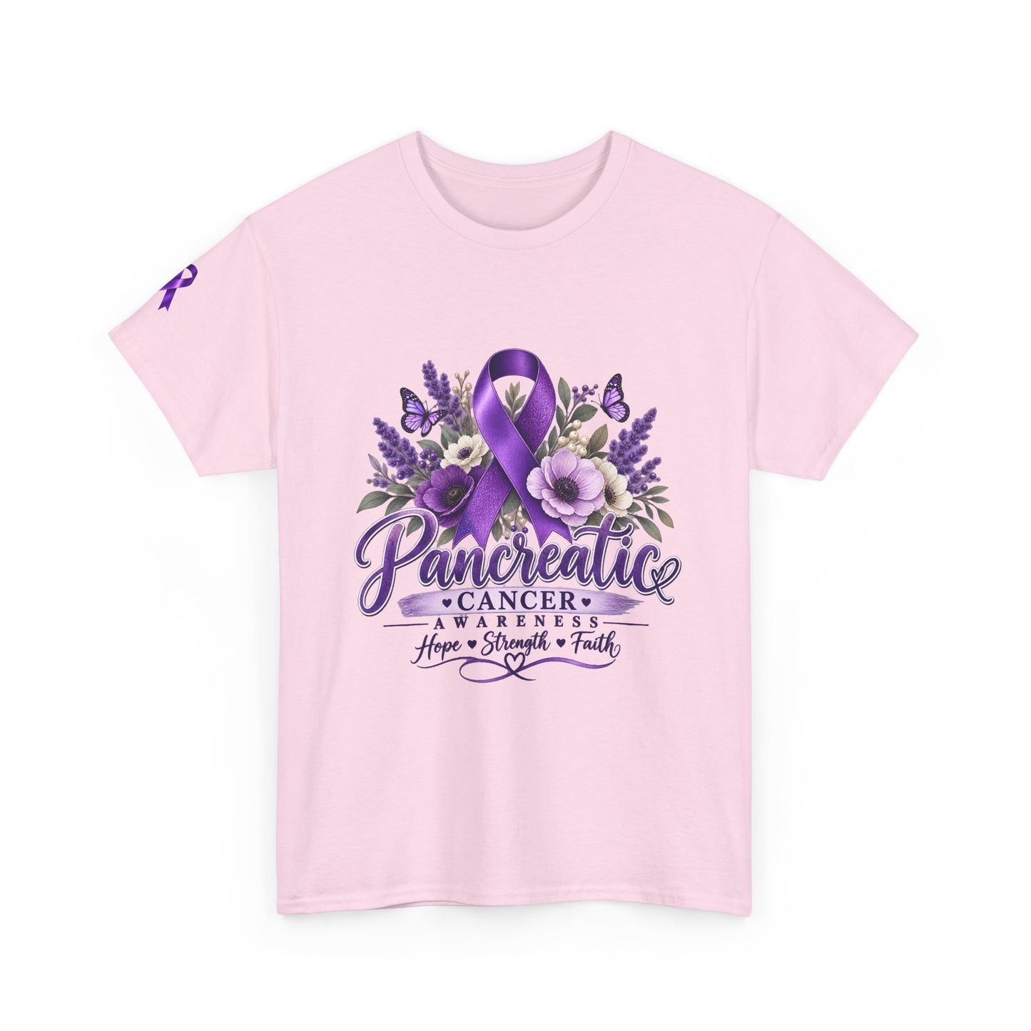 Pancreatic Cancer Awareness T-Shirt — Purple Ribbon Hope, Strength & Faith Tee