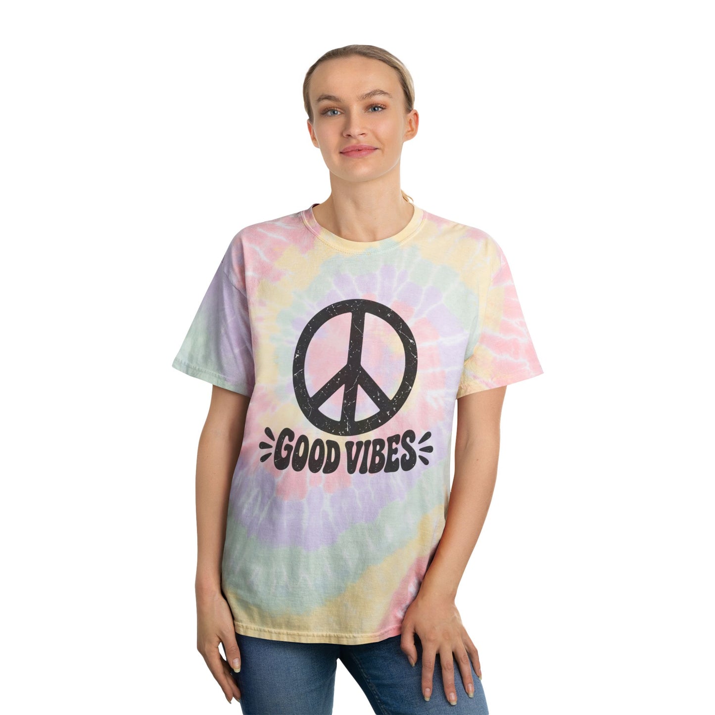 Good Vibes Tie-Dye Tee — Pastel Spiral Peace Sign T-Shirt