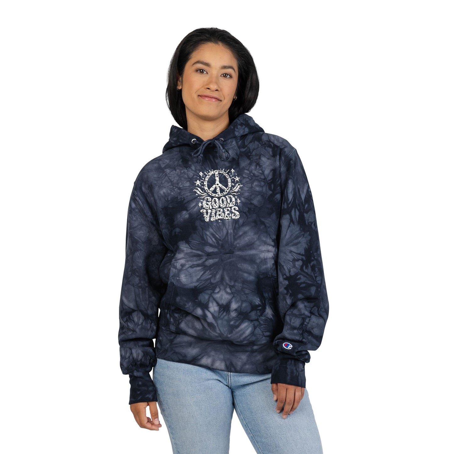 Tie-Dye Hoodie — Embroidered "Good Vibes" Peace Sign