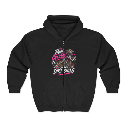 Dirt Bike Hoodie – "Real Girls Ride Dirt Bikes" Full-Zip Zip-Up Sweatshirt