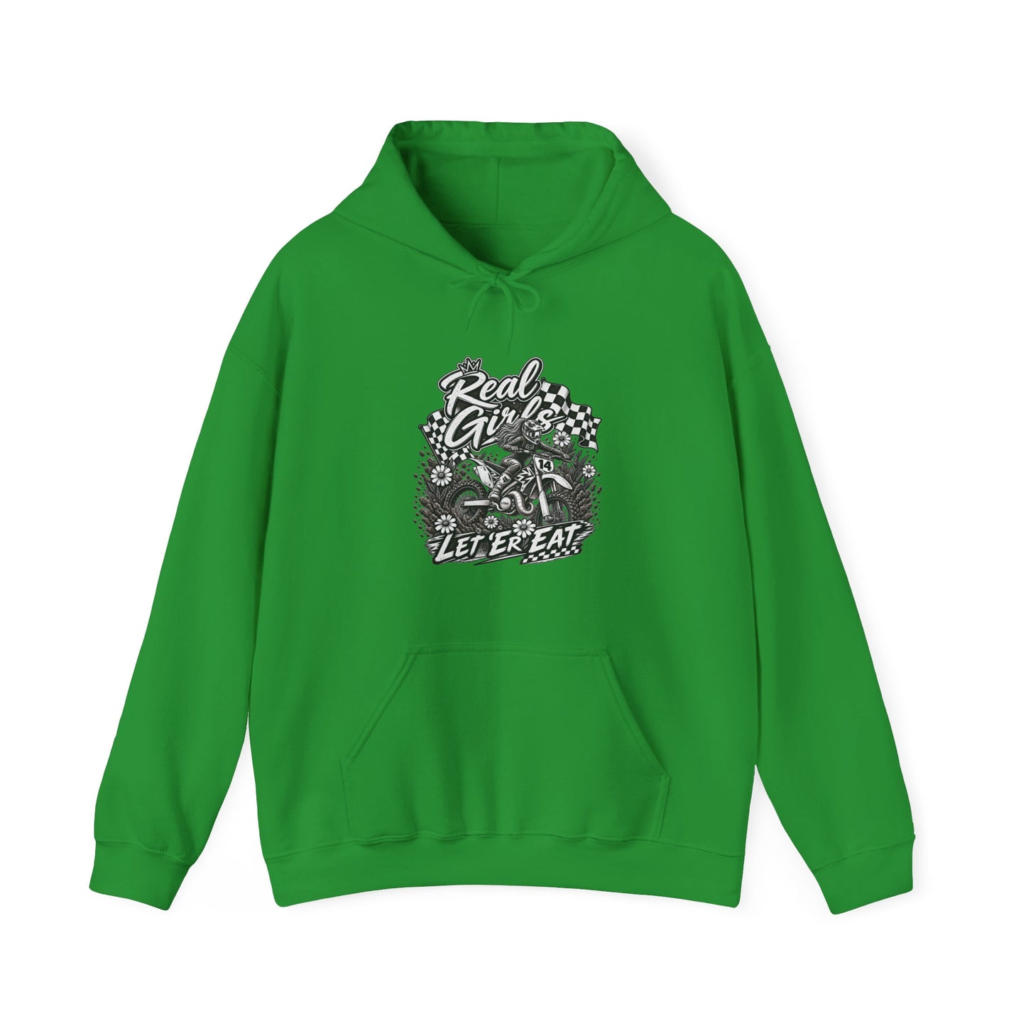 Women’s Motocross Hoodie – “Real Girls Let ‘Er Eat / A Little Dirt Never Hurt” Dirt Bike Pullover