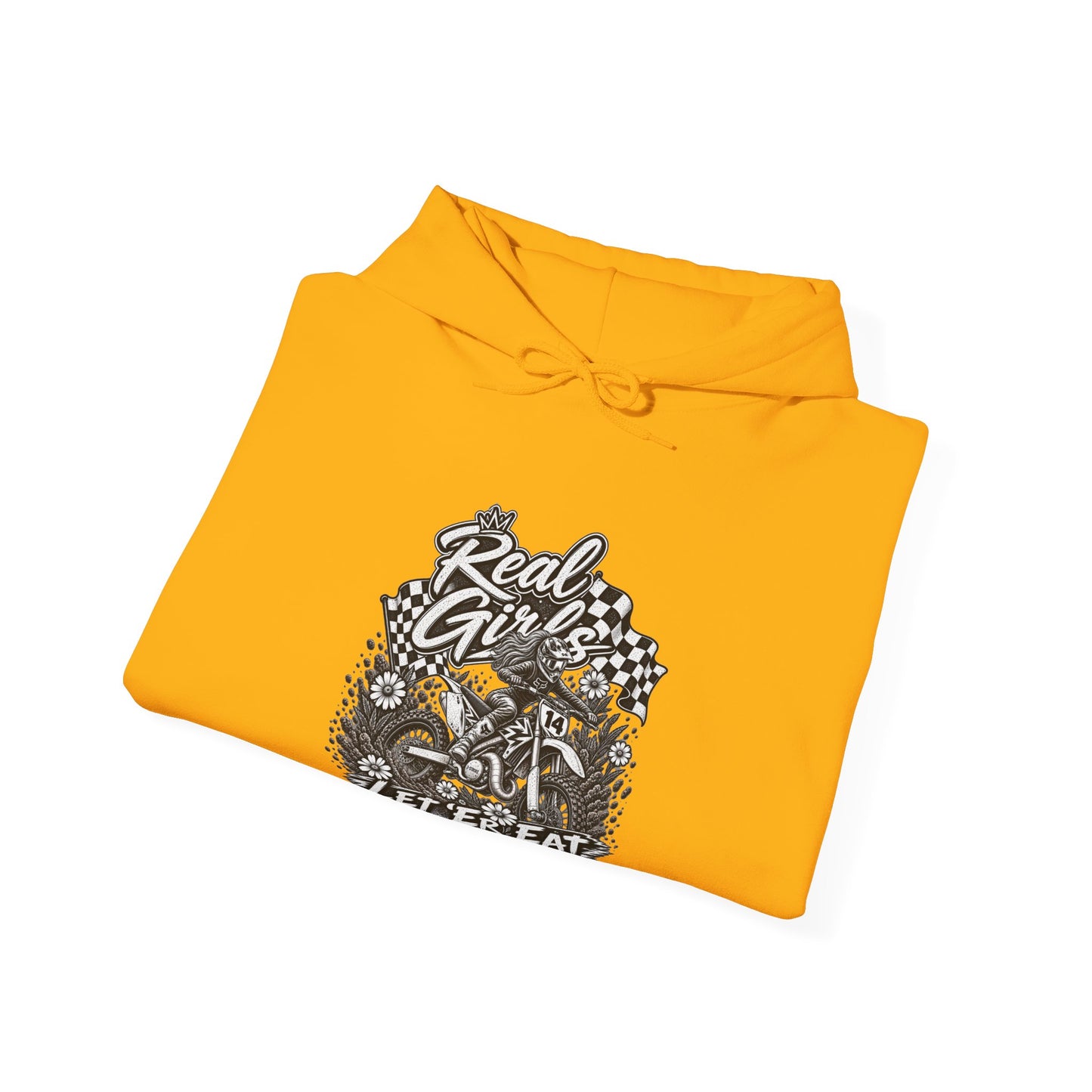 Women’s Motocross Hoodie – “Real Girls Let ‘Er Eat / A Little Dirt Never Hurt” Dirt Bike Pullover