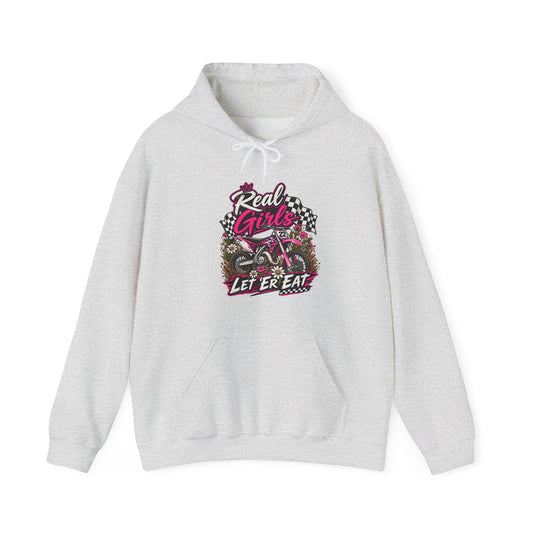 Racer Girl Motorcycle Hoodie — "Real Girls Let 'Er Eat" / "A Little Roost Never Hurt"