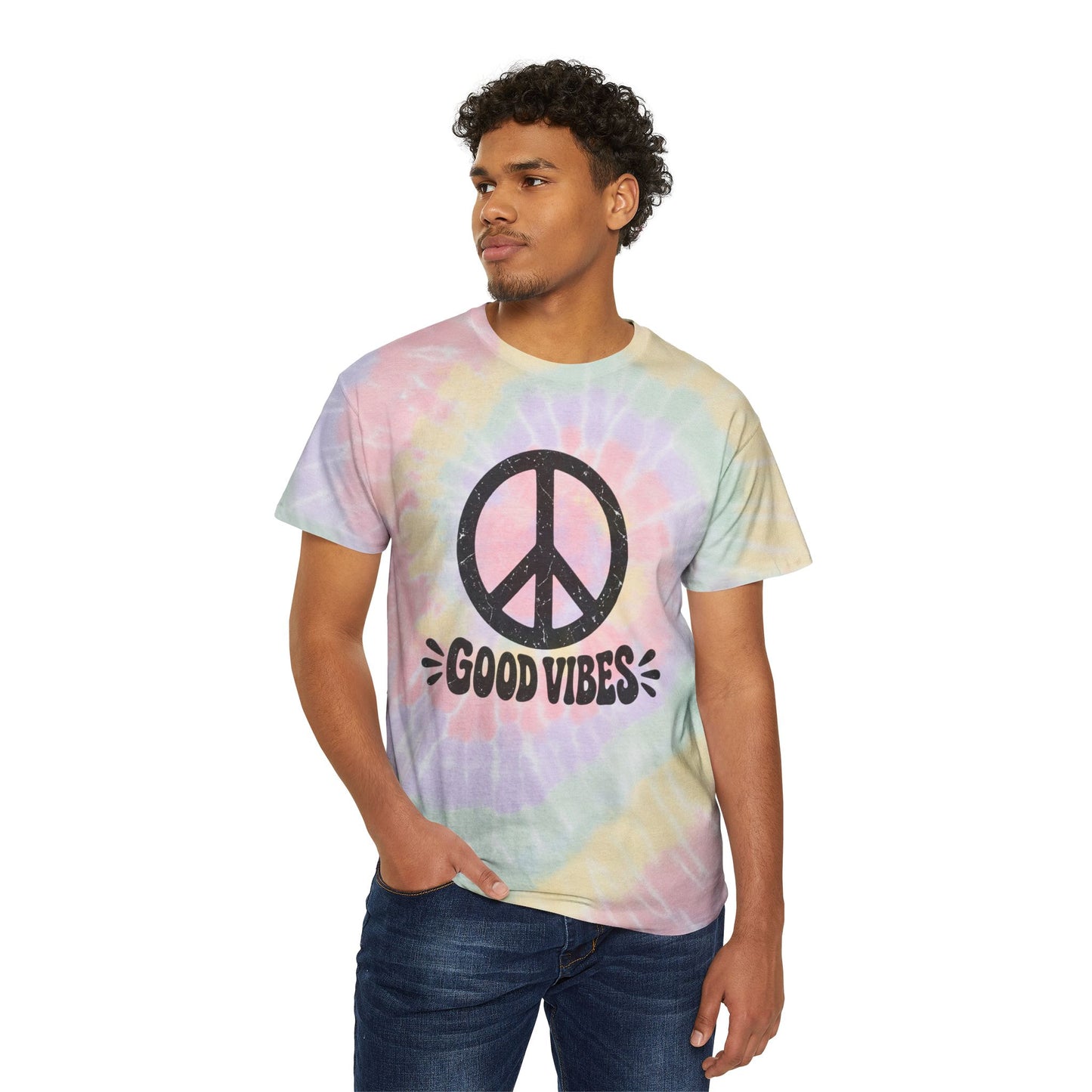 Good Vibes Tie-Dye Tee — Pastel Spiral Peace Sign T-Shirt
