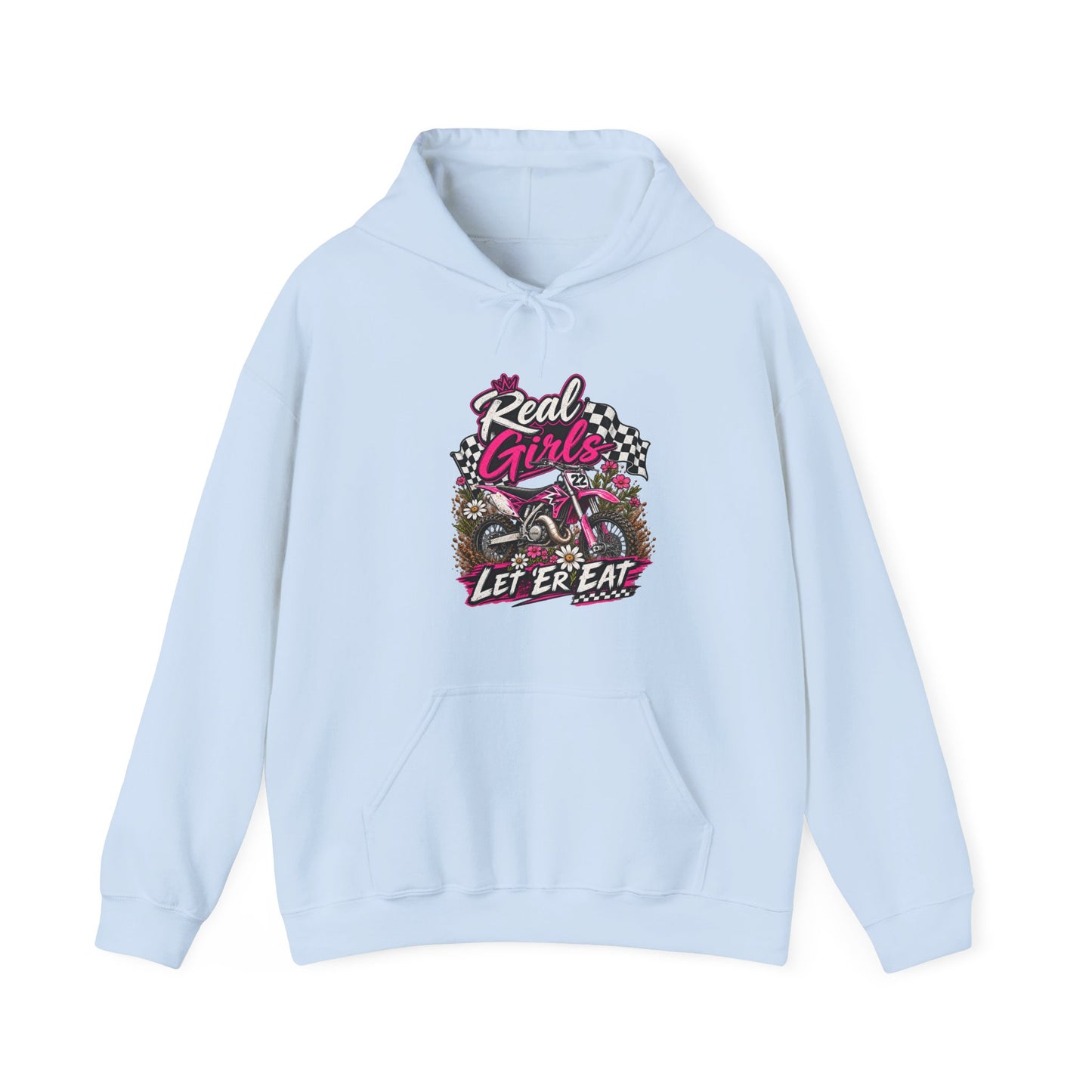 Racer Girl Motorcycle Hoodie — "Real Girls Let 'Er Eat" / "A Little Roost Never Hurt"