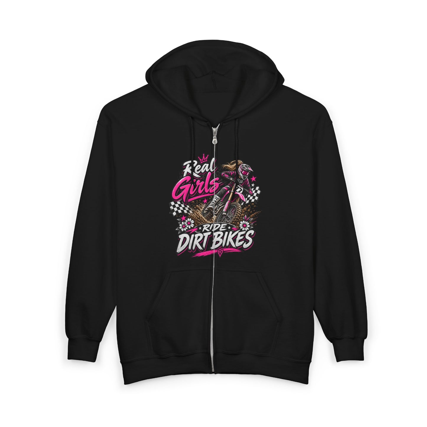 Dirt Bike Hoodie – "Real Girls Ride Dirt Bikes" Full-Zip Zip-Up Sweatshirt