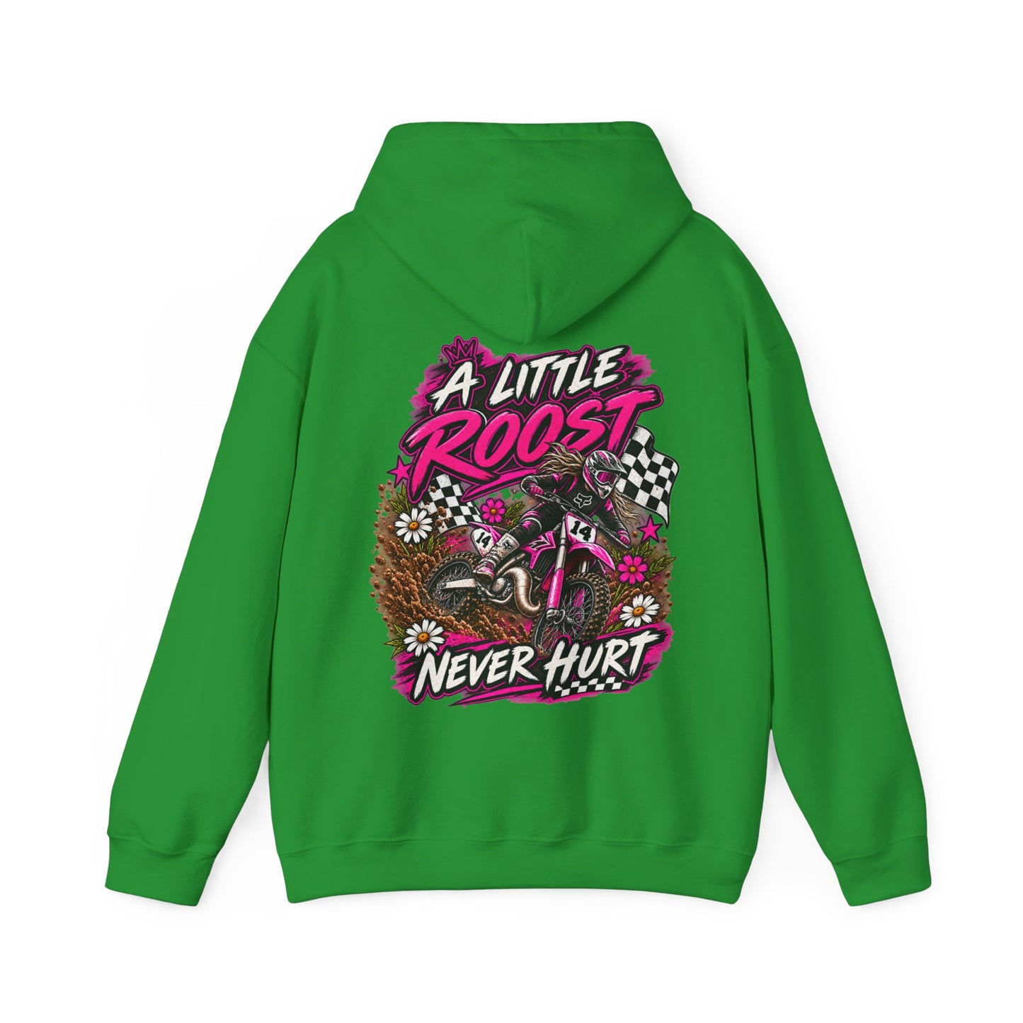 Racer Girl Motorcycle Hoodie — "Real Girls Let 'Er Eat" / "A Little Roost Never Hurt"