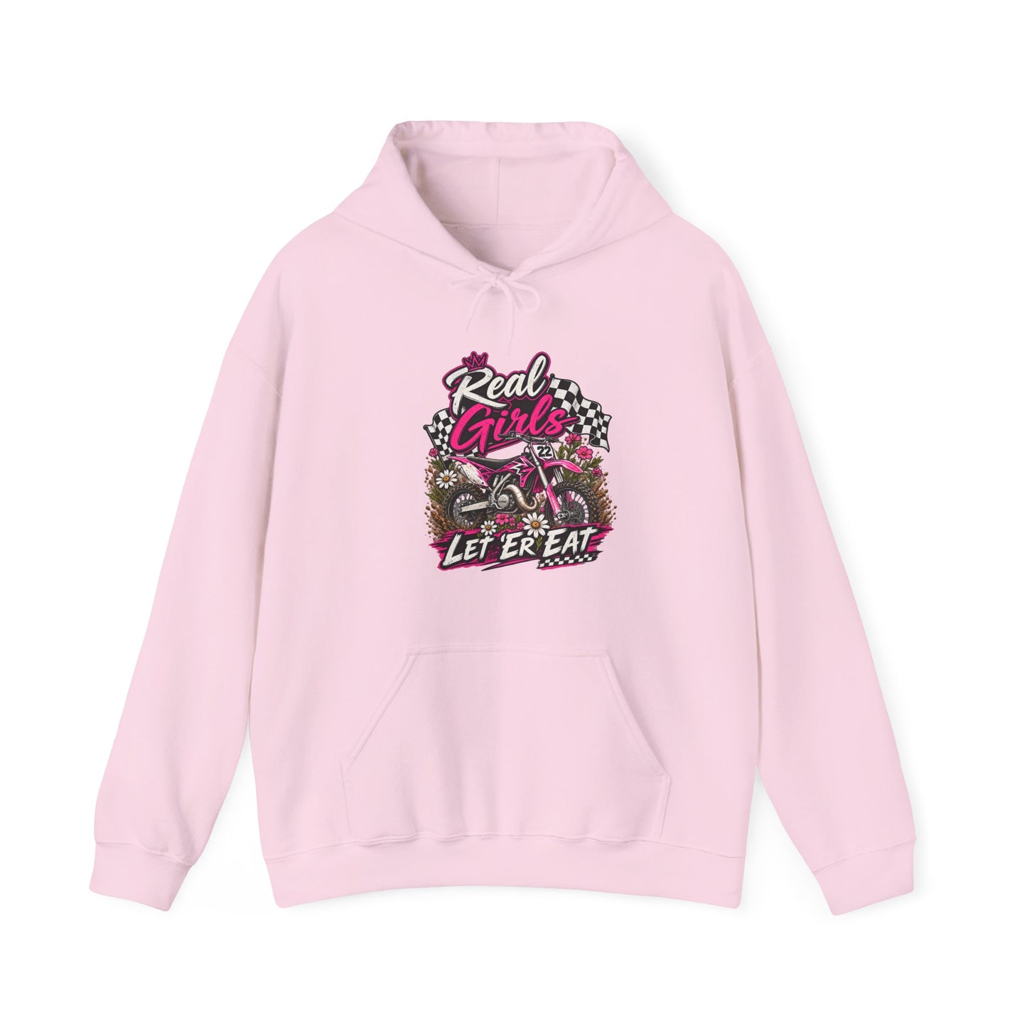 Racer Girl Motorcycle Hoodie — "Real Girls Let 'Er Eat" / "A Little Roost Never Hurt"