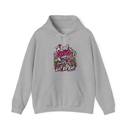 Racer Girl Motorcycle Hoodie — "Real Girls Let 'Er Eat" / "A Little Roost Never Hurt"