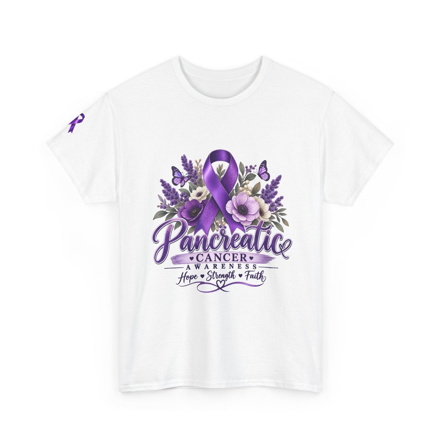 Pancreatic Cancer Awareness T-Shirt — Purple Ribbon Hope, Strength & Faith Tee