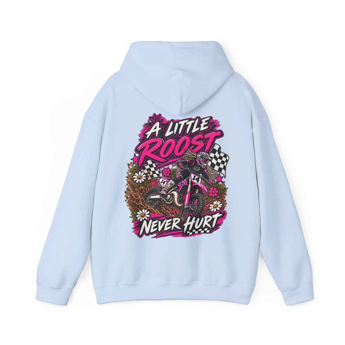 Racer Girl Motorcycle Hoodie — "Real Girls Let 'Er Eat" / "A Little Roost Never Hurt"