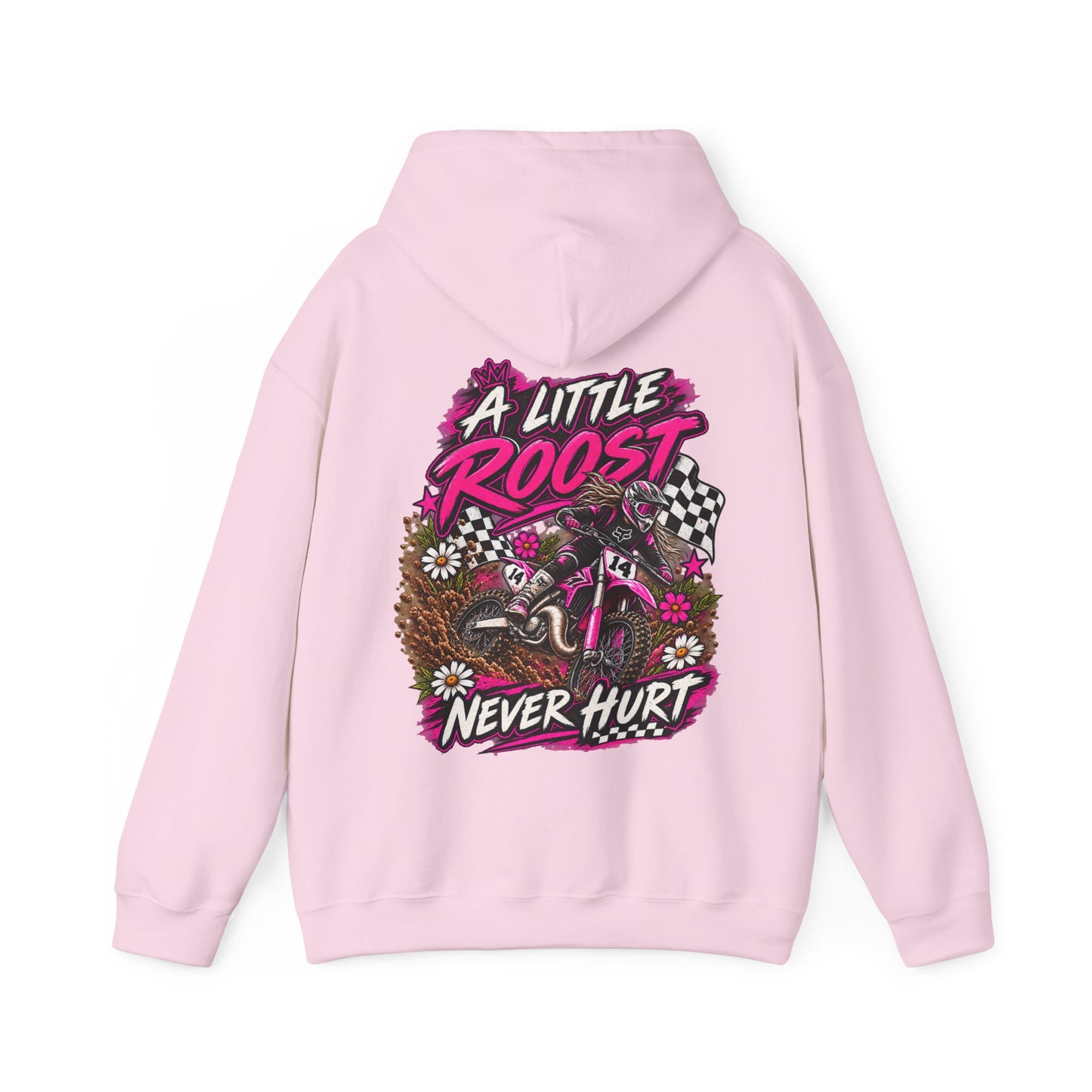 Racer Girl Motorcycle Hoodie — "Real Girls Let 'Er Eat" / "A Little Roost Never Hurt"
